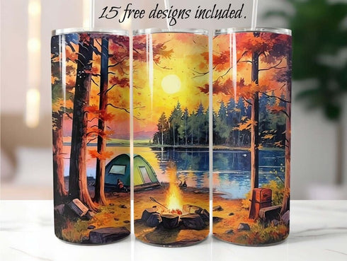 Campfire by the Lake 20 oz Skinny Tumbler Sublimation Design