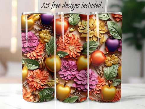 Colorful 3D Apple Floral 20 oz Skinny Tumbler Sublimation Design