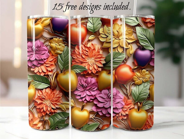 Colorful 3D Apple Floral 20 oz Skinny Tumbler Sublimation Design
