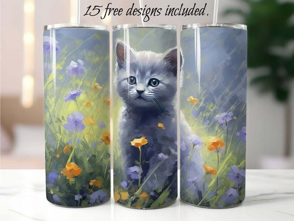 Cute Russian Blue Kitten 20 oz Skinny Tumbler Sublimation Design