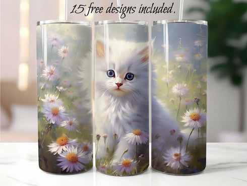 Cute White Kitten 20 oz Skinny Tumbler Sublimation Design