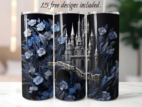 Dark Blue 3D Castle 20 oz Skinny Tumbler Sublimation Design