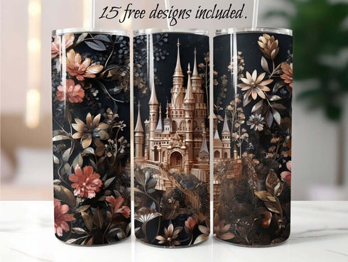 Dark Golden 3D Castle 20 oz Skinny Tumbler Sublimation Design