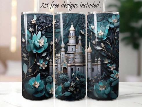 Dark Teal 3D Castle 20 oz Skinny Tumbler Sublimation Design