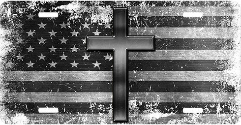 Distressed Flag Black Steel Cross License Plate