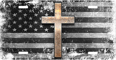 Distressed Flag Gold Cross License Plate