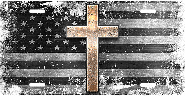 Distressed Flag Gold Cross License Plate