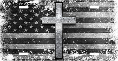 Distressed Flag Gray Cross License Plate