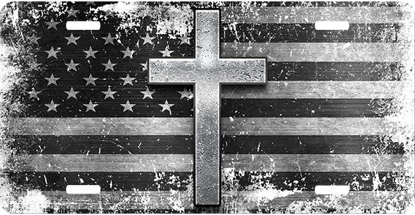 Distressed Flag Gray Cross License Plate