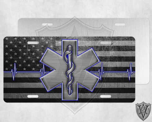 Star Of Life Blue Outline Metal Flag License Plate