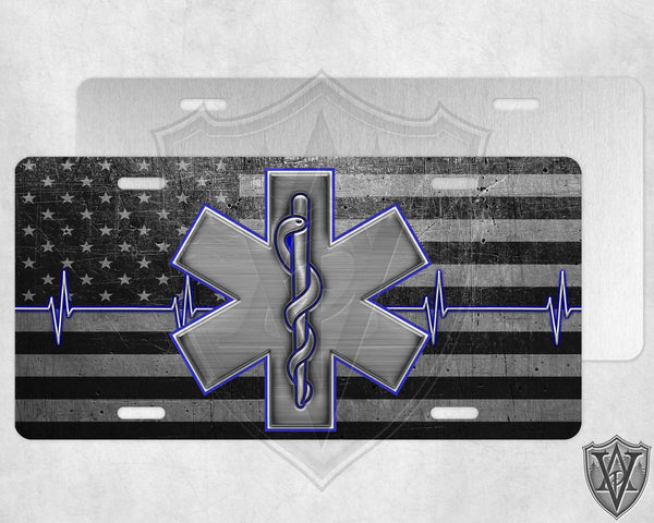 Star Of Life Blue Outline Metal Flag License Plate