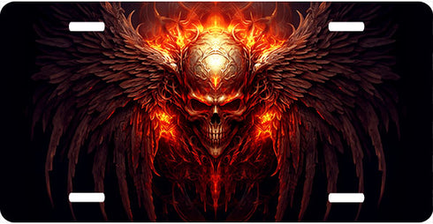 Flaming Skull and Wings License Plate