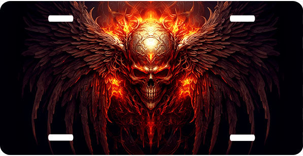 Flaming Skull and Wings License Plate