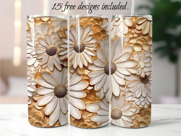 3D Golden Daisies 20 oz Skinny Tumbler Sublimation Design