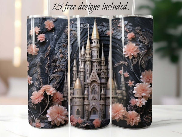 Golden Peach Castle 3D 20 oz Skinny Tumbler Sublimation Design