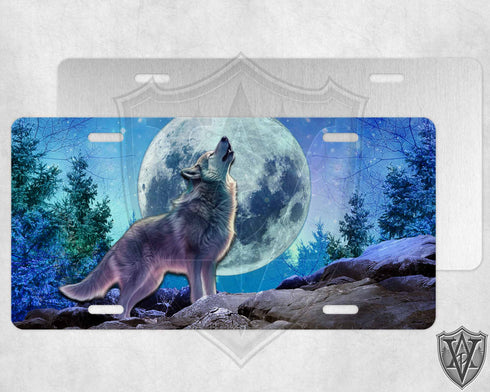 Gray Wolf and Moon License Plate