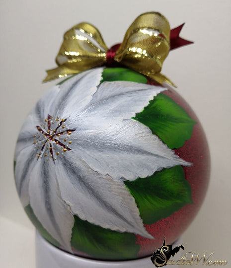 Hand Painted Ornaments Winter's Poinsettia on Ruby Red