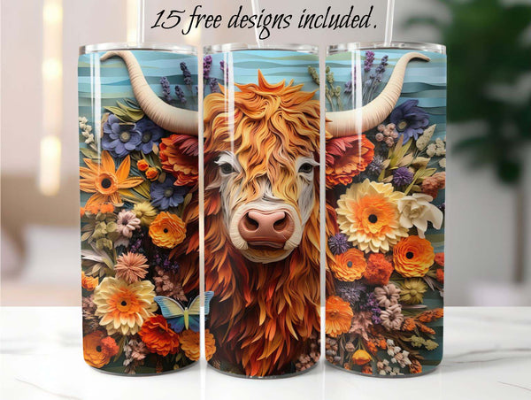Highland Cow 3D 20 oz Skinny Tumbler Sublimation Design