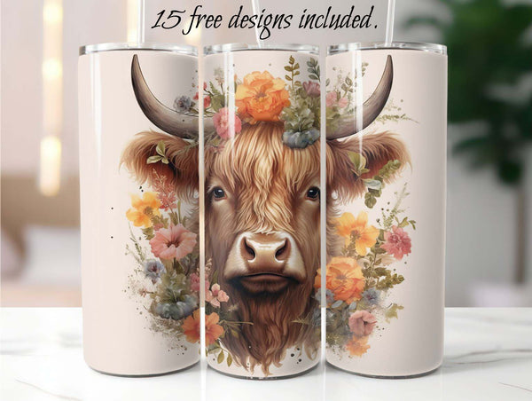Highland Cow 20 oz Skinny Tumbler Sublimation Design