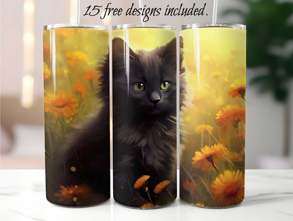 Long Hair Black Kitten 20 oz Skinny Tumbler Sublimation Design