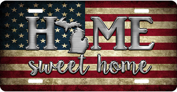 Michigan Tea Stained Flag Home Sweet Home License Plate