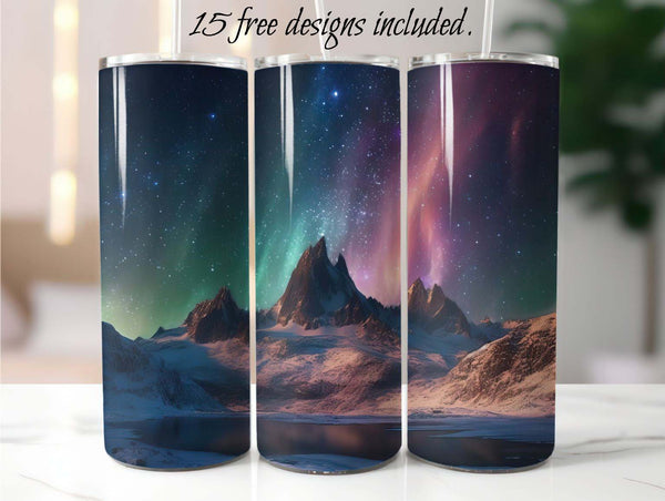 Northern Lights Mountains 20 oz Skinny Tumbler Sublimation Design