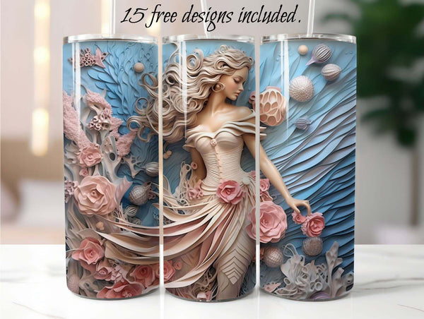 Pastel Pink 3D Mermaid 20 oz Skinny Tumbler Sublimation Design