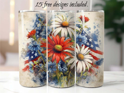 Patriotic Grunge Daisies 20 oz Skinny Tumbler Sublimation Design