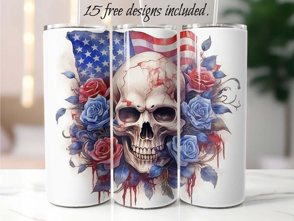 Patriotic Roses and Skull 20 oz Skinny Tumbler Sublimation Design