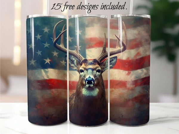 Patriotic Whitetail Deer 20 oz Skinny Tumbler Sublimation Design