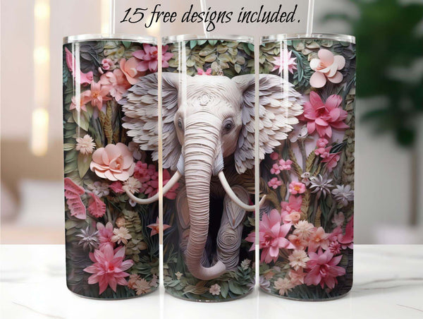 Pink 3D Elephant 20 oz Skinny Tumbler Sublimation Design
