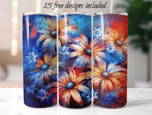 Red, white, blue Abstract Daisies 20 oz Skinny Tumbler Sublimation Design
