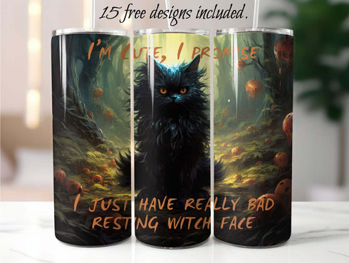 Resting Witch Face Black Cat 20 oz Skinny Tumbler Sublimation Design