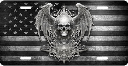 Skull and Wings Flag License Plate