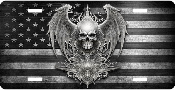 Skull and Wings Flag License Plate