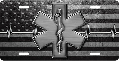 Star Of Life Black Metal Flag License Plate