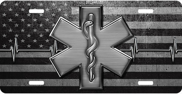 Star Of Life Black Metal Flag License Plate