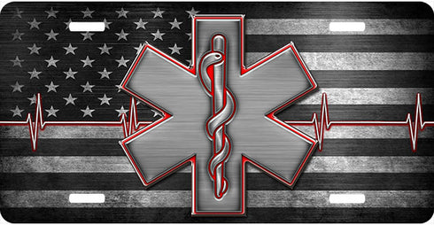 Star Of Life Red Outline Flag License Plate