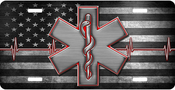 Star Of Life Red Outline Flag License Plate