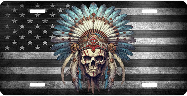 Indian Chief Skull and Flag License Plate
