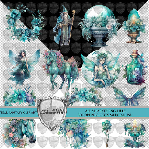 Teal Watercolor Fantasy Clip Art Download