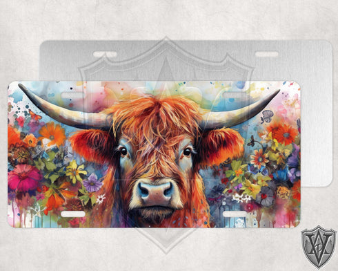 Watercolor Highland Cow License Plate