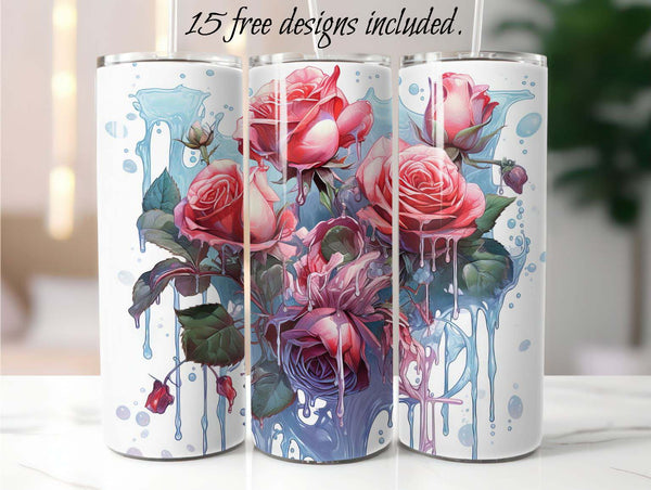 Watercolor Roses 20 oz Skinny Tumbler Sublimation Design