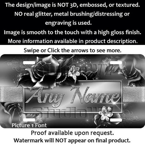 Black and White Couture Roses Personalized License Plate
