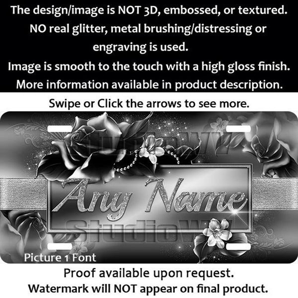 Black and White Couture Roses Personalized License Plate